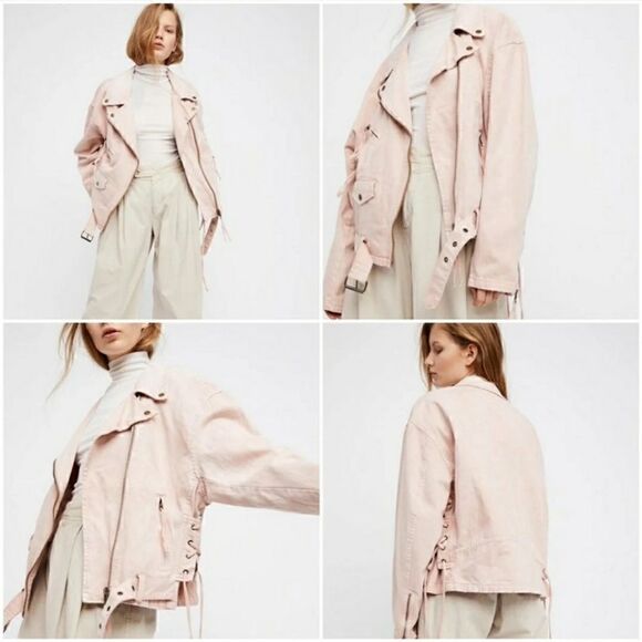 Free People pink belted motto jean denim jacket XS - Picture 1 of 11